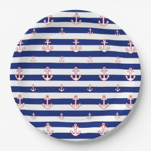 Anchors on Stripes Nautical Decor Paper Plates