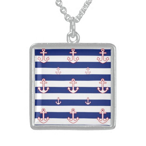 Anchors on Stripes Nautical Decor Sterling Silver Necklace