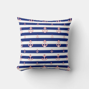 Anchors on Stripes Nautical Decor Throw Pillow