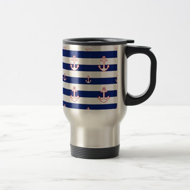 Anchors on Stripes Nautical Decor Travel Mug (Right)