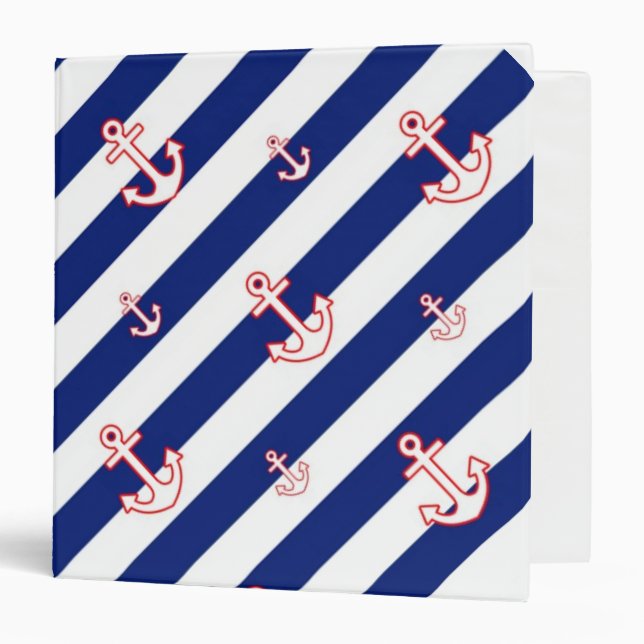 Anchors on Stripes Nautical Pattern 3 Ring Binder (Front/Inside)