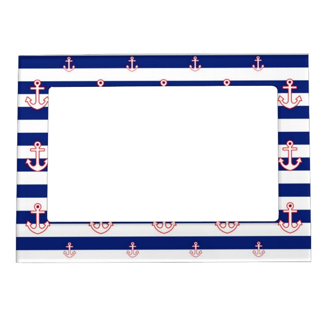 Anchors on Stripes Nautical Pattern Magnetic Picture Frame (Front)
