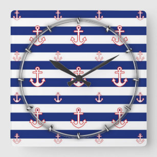 Anchors on Stripes Nautical Pattern Square Wall Clock