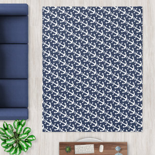 Anchors Pattern   Navy Blue White Coastal Beach Rug