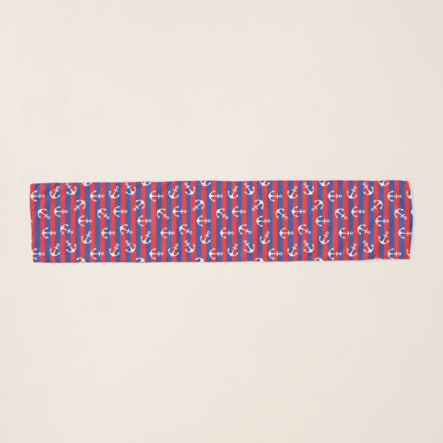 Anchors Patterned Blue Red Striped Sailing Scarf (Front (Horizontal))
