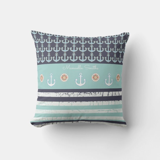 anchors & stripes nautical & personalized blue throw pillow (Front)