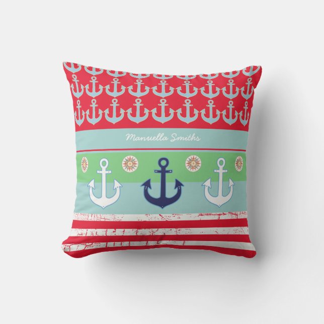 anchors & stripes nautical & personalized outdoor pillow (Front)