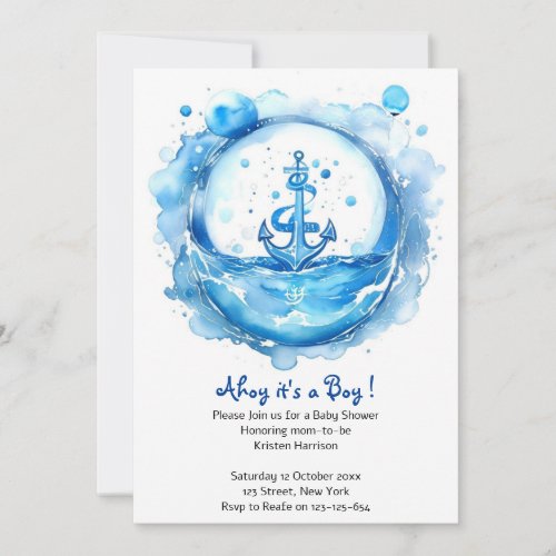 Anchors  Waves Watercolor Nautical Baby Shower Invitation