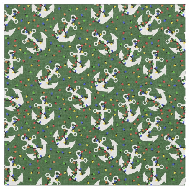 Anchors with Christmas Lights Nautical Fabric (Close Up)