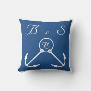 Anchors with ribbons beach wedding custom monogram throw pillow