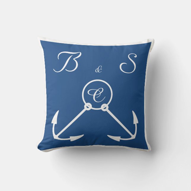 Anchors with ribbons beach wedding custom monogram throw pillow (Front)