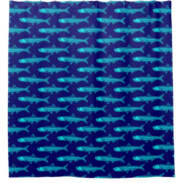 Anchovy Pattern - Cyan and Deep Navy Shower Curtain (Front)