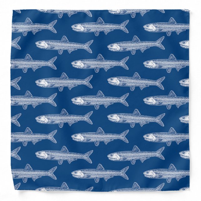 Anchovy Pattern - White and Shibori Blue Bandana (Front)