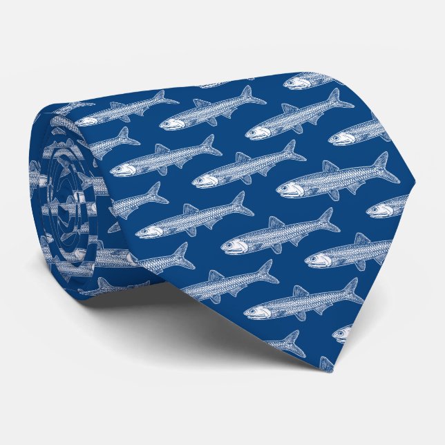Anchovy Pattern - White and Shibori Blue Neck Tie (Rolled)