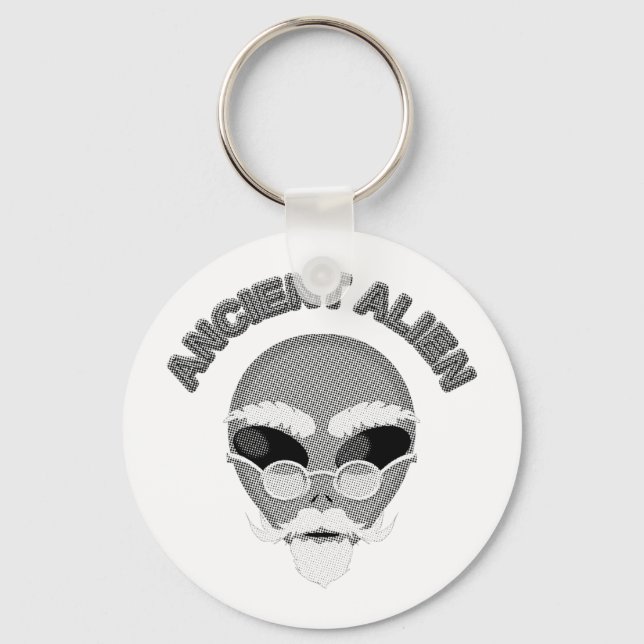 Ancient Alien Head Newsprint Keychain (Front)