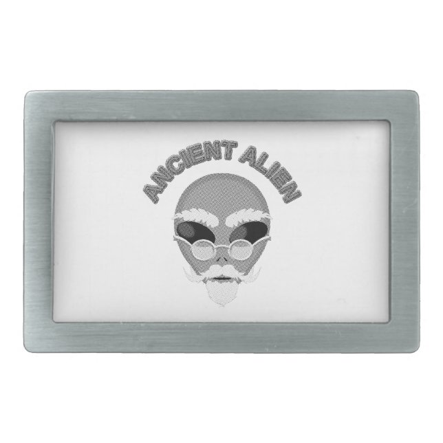 Ancient Alien Head Newsprint Rectangular Belt Buckle (Front)