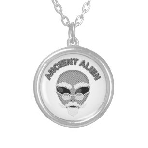 Ancient Alien Head Newsprint Silver Plated Necklace