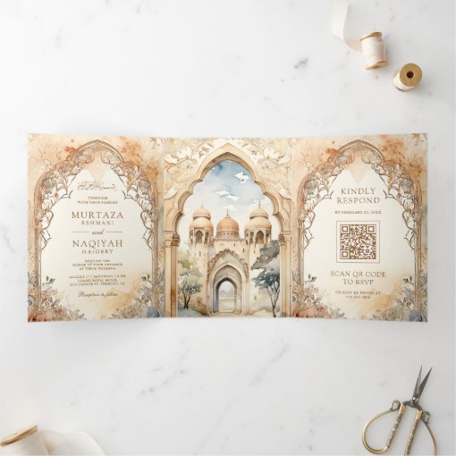 Ancient Arabian Palace Arch QR Code Muslim Wedding Tri-Fold Invitation ...
