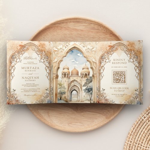 Ancient Arabian Palace Arch QR Code Muslim Wedding Tri_Fold Invitation