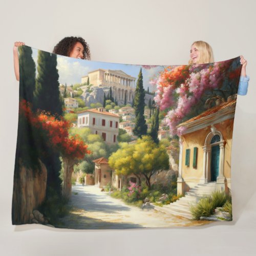 Ancient Athens Greece Digital Art Painting Style Fleece Blanket