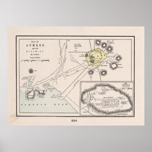 Ancient Athens Greece Vintage Map 1901 Poster