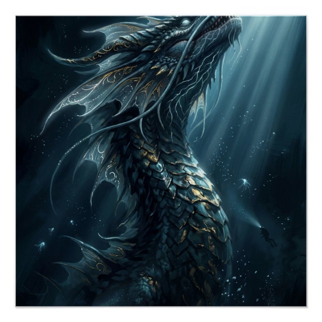 Ancient Bioluminescent Sea Dragon - Mythical Deep  Poster (Front)