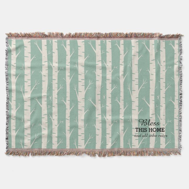 Ancient Birch Trees Green Throw Blanket (Front)