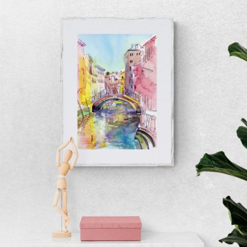 Ancient bridge in Venice Watercolor painting Poster