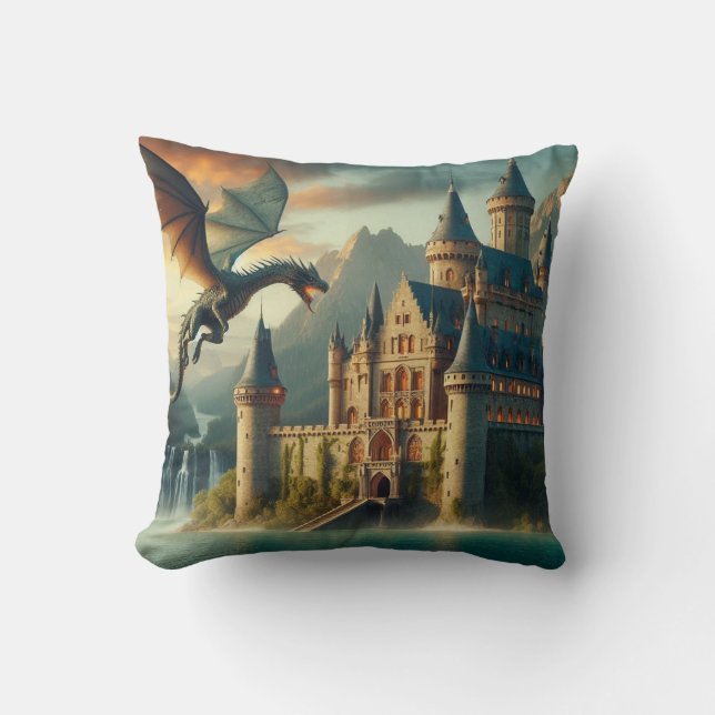 Ancient Castle Under Attack from a Flying Dragon Throw Pillow (Front)