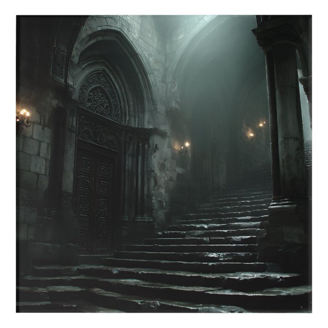 Ancient Cathedral Stairway Mist Light Acrylic Print (Front)