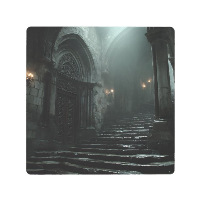 Ancient Cathedral Stairway Mist Light Metal Print (Front)