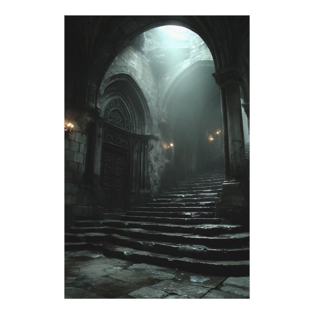 Ancient Cathedral Stairway Mist Light Photo Print (Front)