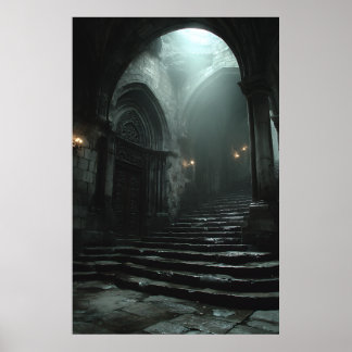 Ancient Cathedral Stairway Mist Light Poster
