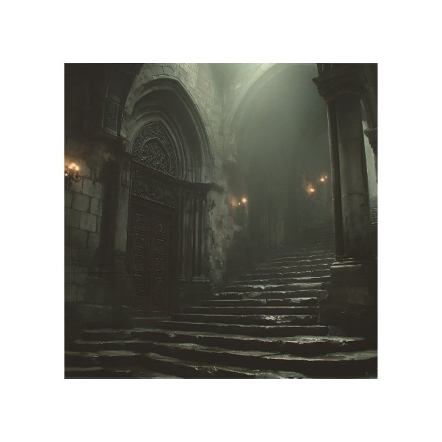 Ancient Cathedral Stairway Mist Light Wood Wall Art (Front)