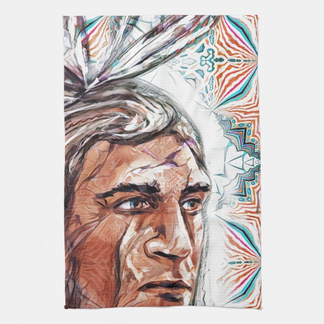 Ancient chieftan and fractal pattern kitchen towel (Vertical)