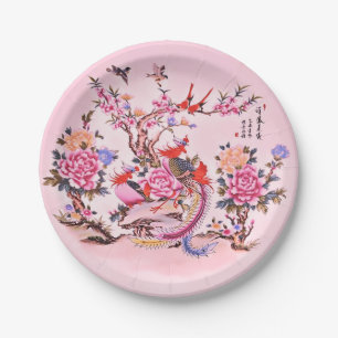 Ancient Chinese Floral Birds Pink Chinoiserie  Paper Plates