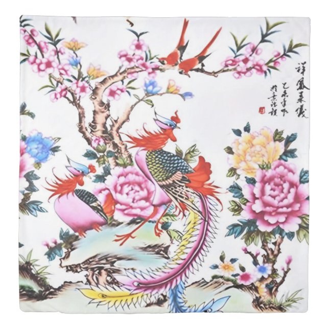 Ancient Chinese Floral Birds White Chinoiserie  Duvet Cover (Front)