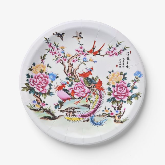 Ancient Chinese Floral Birds White Chinoiserie  Paper Plates (Front)