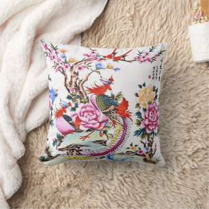 Ancient Chinese Floral Birds White Chinoiserie Throw Pillow