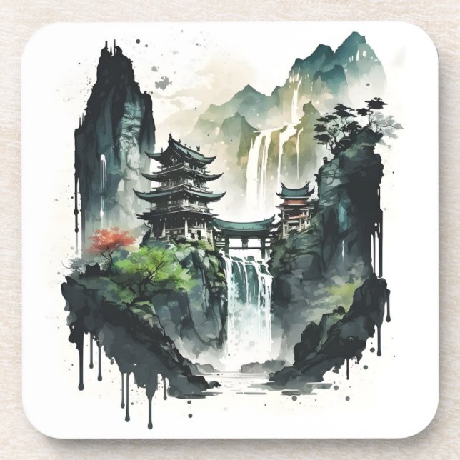 Ancient Chinese Ink Landscape with Waterfall Beverage Coaster (Front)