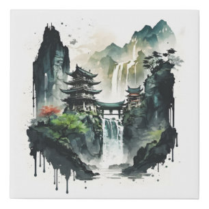 Ancient Chinese Ink Landscape with Waterfall Faux Canvas Print
