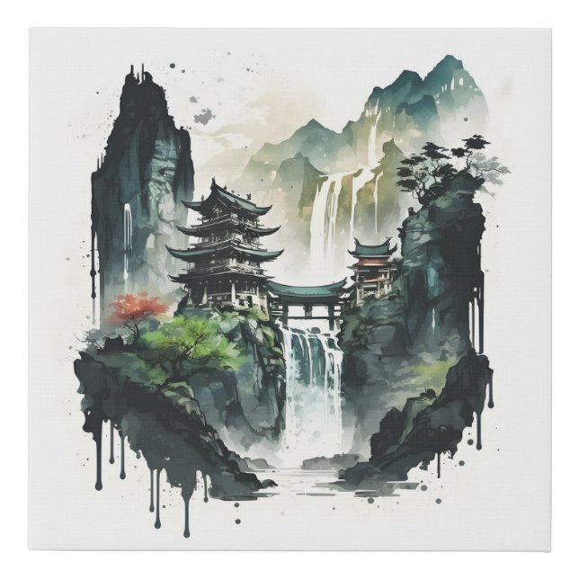 Ancient Chinese Ink Landscape with Waterfall Faux Canvas Print (Front)