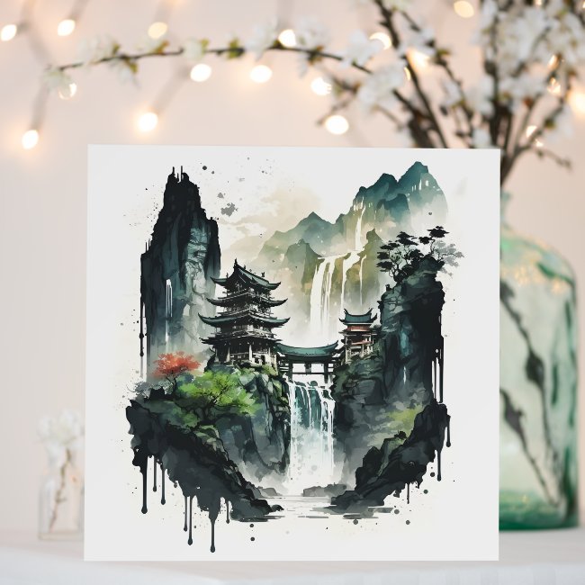 Ancient Chinese Ink Landscape with Waterfall