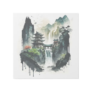 Ancient Chinese Ink Landscape with Waterfall Gallery Wrap