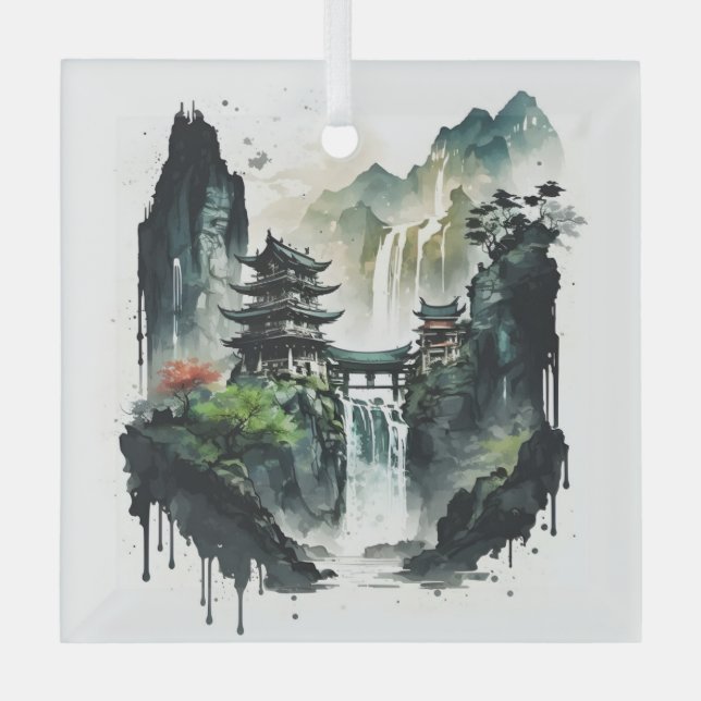 Ancient Chinese Ink Landscape with Waterfall Glass Ornament (Front)