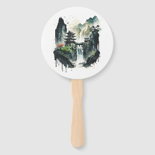 Ancient Chinese Ink Landscape with Waterfall Hand Fan