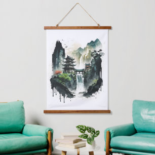Ancient Chinese Ink Landscape with Waterfall Hanging Tapestry