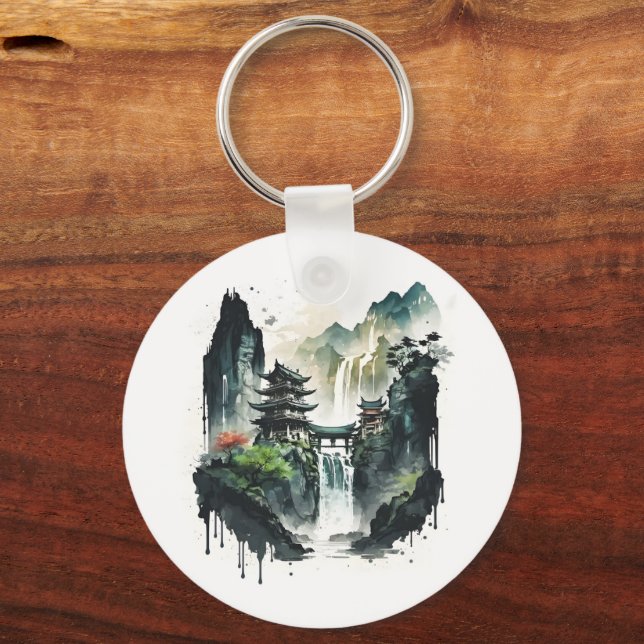 Ancient Chinese Ink Landscape with Waterfall Keychain (Front)