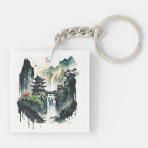 Ancient Chinese Ink Landscape with Waterfall Keychain