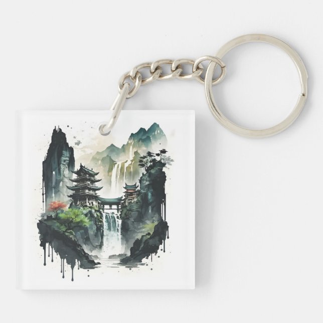 Ancient Chinese Ink Landscape with Waterfall Keychain (Back)